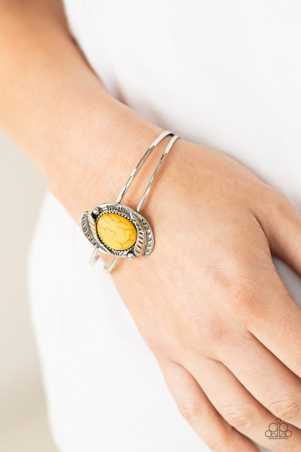 Living Off The BANDLANDS - Yellow Crackle Cuff Bracelet Paparazzi
