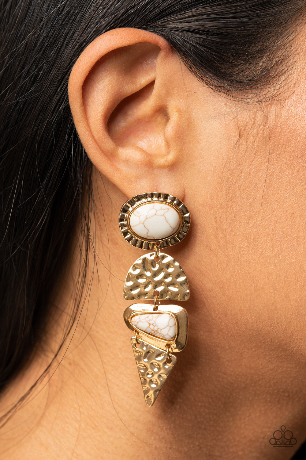 Earthy Extravagance - Gold White Crackle Stud Earrings Paparazzi