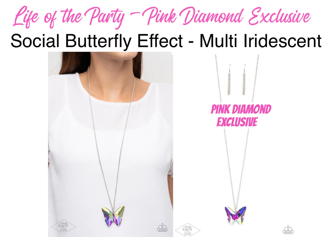 Social Butterfly Effect - Multi Iridescent Pink Diamond Butterfly Necklace