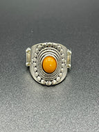 Orange Brown Oval Flower Silver Ring